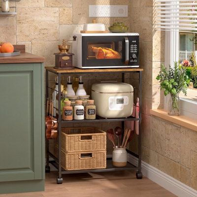 Three-Tier Kitchen Microwave Trolley With Lockable Casters, Multi-Functional Storage Rack, Can Also Be Used As A Coffee Cart, Suitable For Living Rooms, Offices, Balconies, Black.