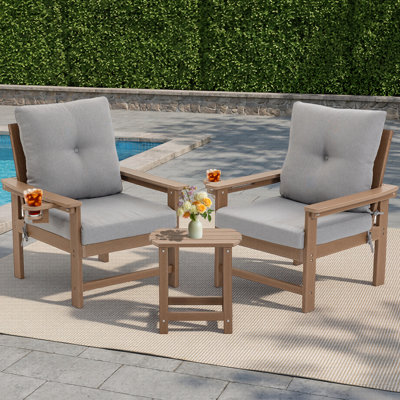 Ensemble de bistro en HDPE pour patio, ensemble de 3 chaises imperméables toutes saisons et table d'appoint pour jardin, terrasse et jardin, brun et gris