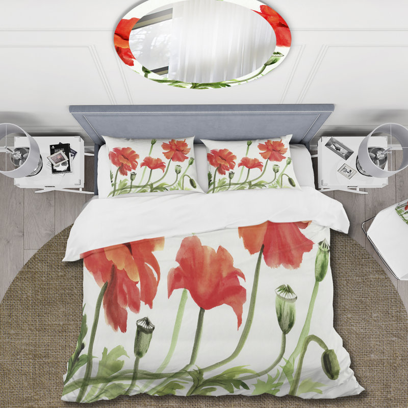 Vintage Red Poppies III - Ensemble de housse de couette traditionnel - Microfibre de polyester