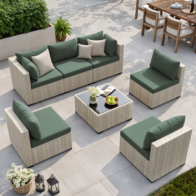 7-Piece Patio Conversation Set with Coffee Table and Cushions, Gray, Green