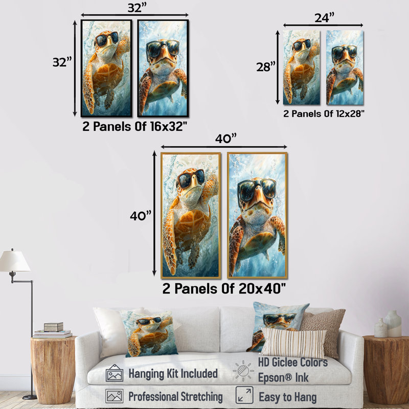 Mignonne tortue avec lunettes surfant I - ensemble d'art mural animal tortue 2 pièces, H 32 po x l 32 po, Impression encadrée