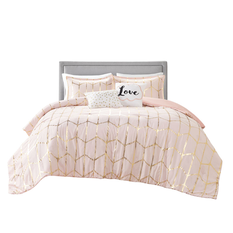 Édredon en rosé avec coussins décoratifs à médaillon métallique, Édredon double/grand + 4 pièces additionnelles, Rosé / doré