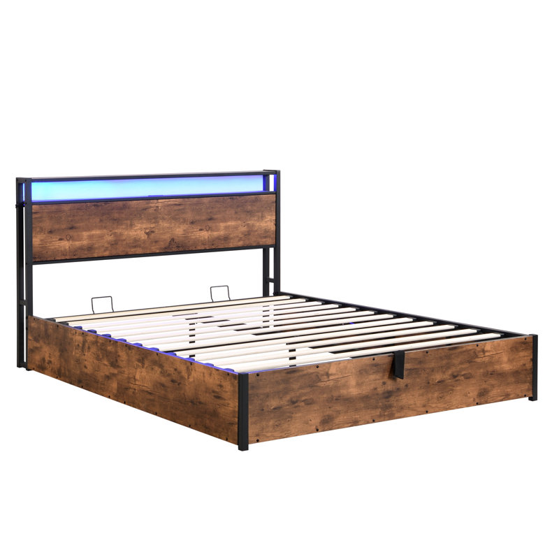 Storage Bed In Full, Rustic Brown With Bookcase Headboard & Energy Led Lights Platform Compartment, Waterproof, Full