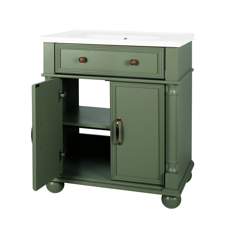 Meuble-lavabo de salle de bain de style médiéval, profondeur de 70,6 cm (27,8 po), lavabo intégré, tiroir et placards à abattant, étagères réglables en hauteur pour un rangement maximal. Évacuation optimale.