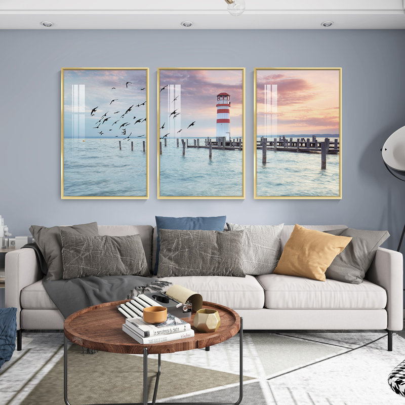 Bord de mer - Photographie flottante sur toile 3 pièces, Or, H 48,3 po x l 72,9 po x P 1,65 po