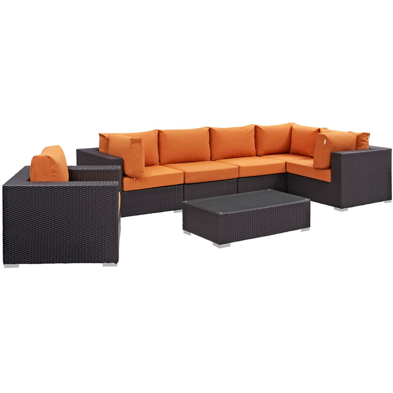 Modway Convene Wicker Rattan 7-Piece Outdoor Patio Sectional Sofa Furniture Set, Orange