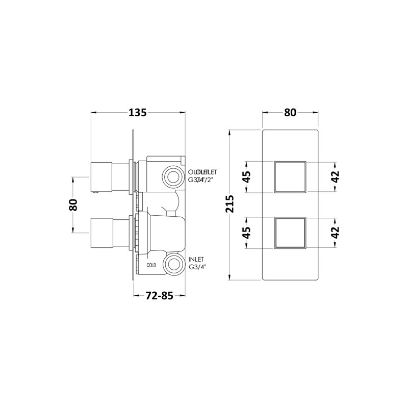 Square Valves Double Concealed Diverter Shower Valve