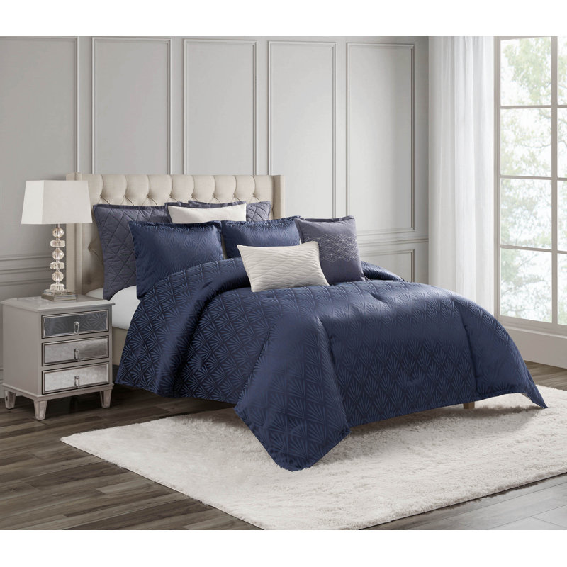 Chloe Navy 3 Piece Comforter Set, Queen Comforter + 2 Standard Shams