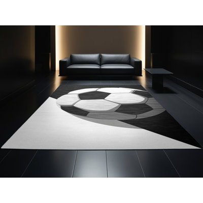 Machine Washable Medford Soccer Ball Modern & Contemporary Geometric Rug in Green – Black Binding