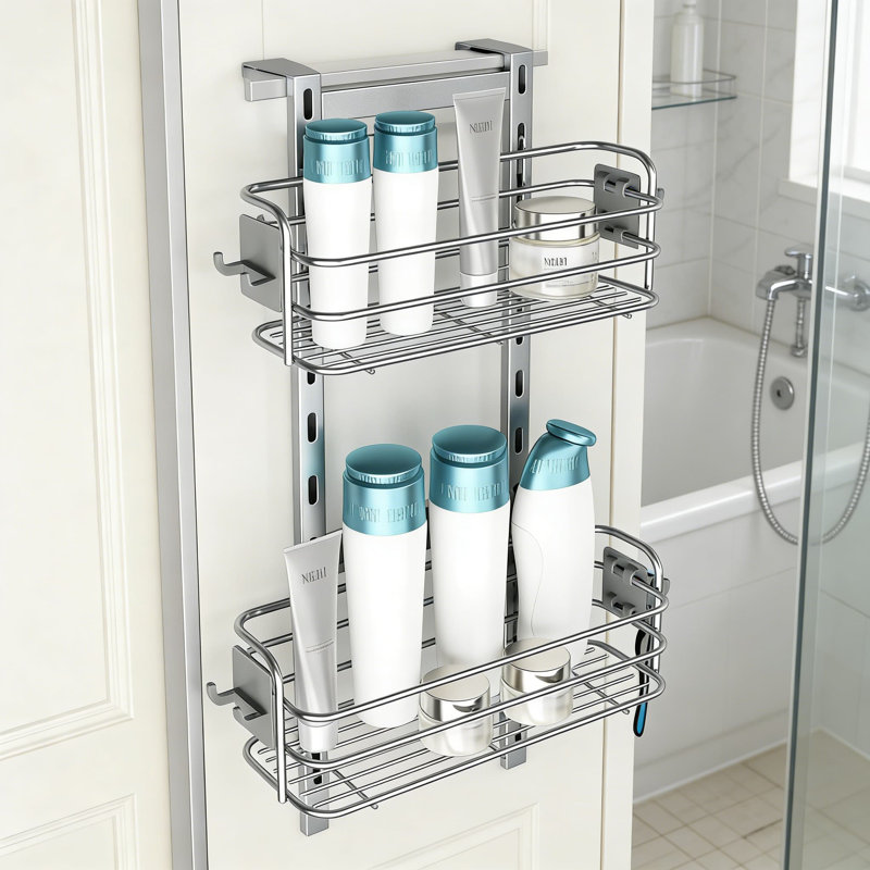 Organisateur de panier de douche au-dessus de la porte avec paniers et crochets suspendus, tablette de rangement de salle de bain réglable sans perceuse pour bouteilles de shampooing et serviettes