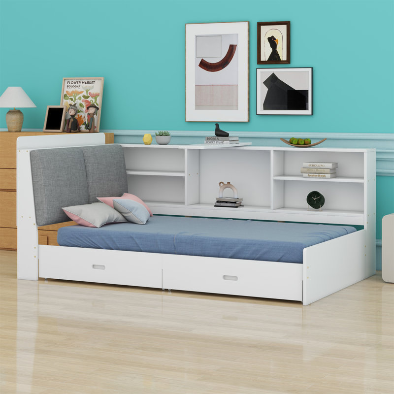 Lit plateforme avec tête de lit avec rangement, tablettes et 2 tiroirs, Blanc / Gris