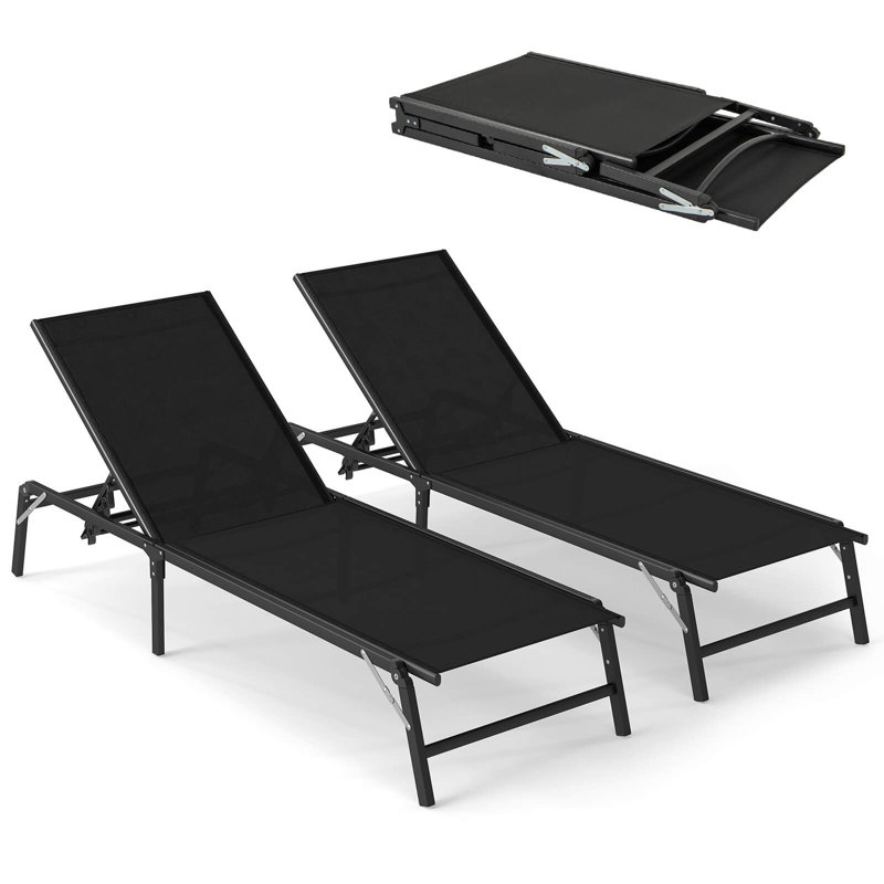 2 chaises longues inclinables pliantes avec dossier à 5 positions noires