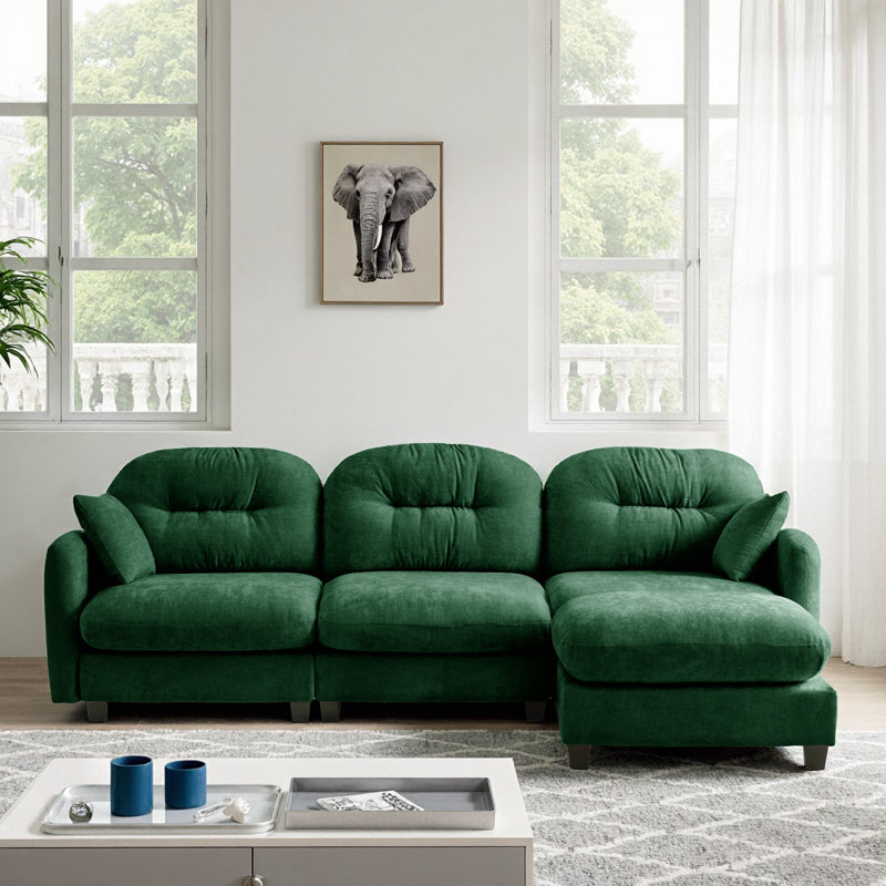 Canapé modulaire modulaire en L chenille avec repose-pieds vert, Chenille verte