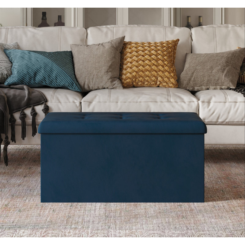 Banc de rangement rembourré Millett, Velours bleu