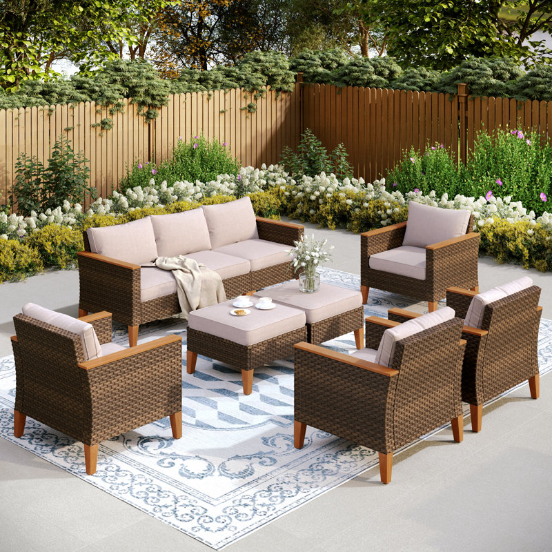 All Weather Wicker/Rattan 9 - Person Seating Group with Cushions, No, Beige
