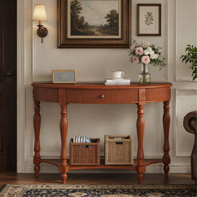 Console demi-lune en bois massif avec tiroir et tablette, table d'entrée incurvée cannelée rétro pour vestibule de salon de couloir, table de canapé à espace étroit avec pieds romains sculptés
