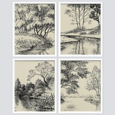 " Bathroom Decor Multicolor Duotone Storybook Forest Tree Landscapes Wilderness Floral Botanical " 4 - Pieces