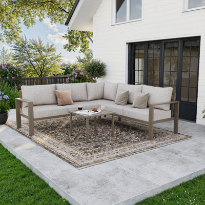 Canapé modulaire d'extérieur en forme de L de 77 po de largeur avec structure et coussins métalliques réalistes en bois texturé