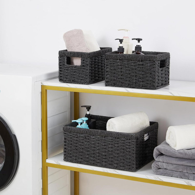 Wicker Storage Basket, Set Of 3 Wicker Basket, Hand-Woven Paper Rope Storage Baskets For Organizing, Large Cube Storage Organizer Bins Baskets For Shelves Small Toilet Paper Baskets