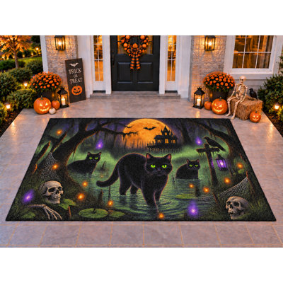 Tapis d'extérieur 152 x 213 cm (5 pi x 7 pi) à motifs de chats hantés pour l'Halloween, en PVC épais, imperméable et bouclé, résistant et à séchage rapide, idéal pour terrasse, balcon, entrée ou porche.
