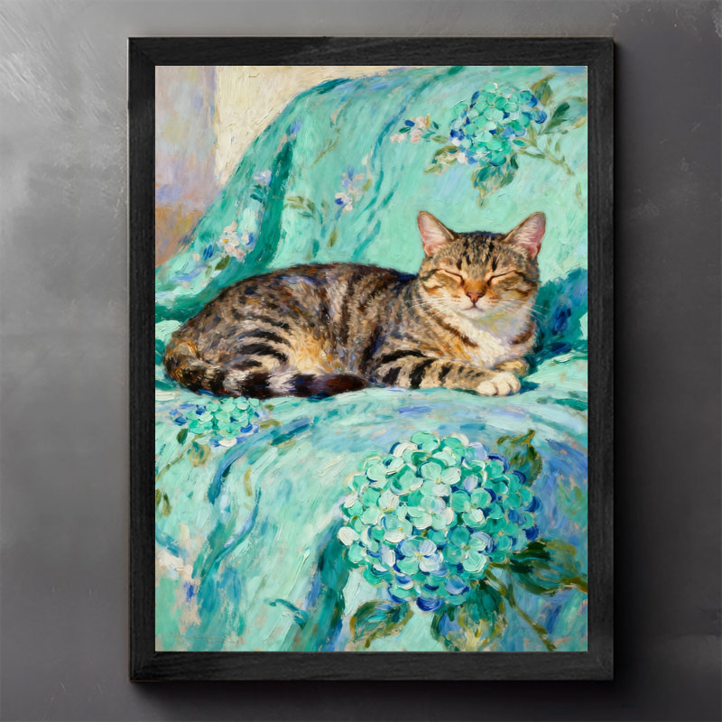 Chat noir encadré rétro avec motif floral, impressions sur toile de style rétro, H 11 po x l 9 po