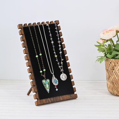 Natural Wood & Black Velvet Necklace Holder Stand for Multiple Necklaces