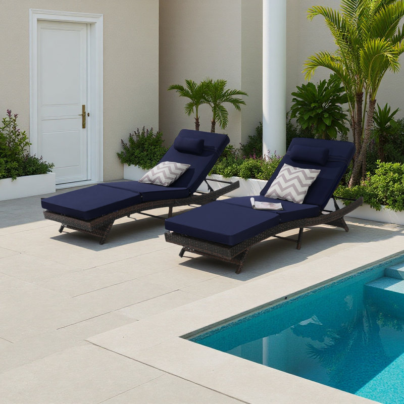 Outdoor Wicker Long Reclining Chair Set Of 2 , Wicker Reclining Lounge Chair Lawn Sunbathing Chairs Recliner Up To 150° Beach Poolside Garden