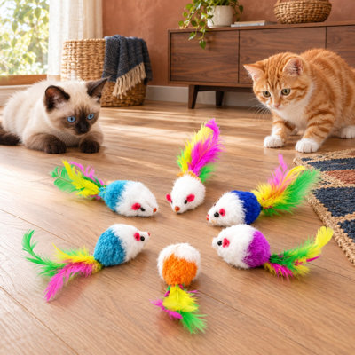 Lot de 6 souris en fausse fourrure réalistes de 14 cm avec hochet et queue en plumes, 6 mini-souris interactives assorties pour chats d'intérieur adultes qui s'ennuient