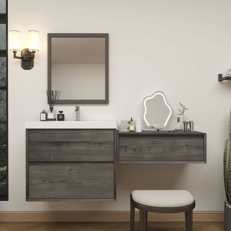 Meuble-lavabo mural 48 po avec évier en acrylique renforcé Aliki, Chêne fumé
