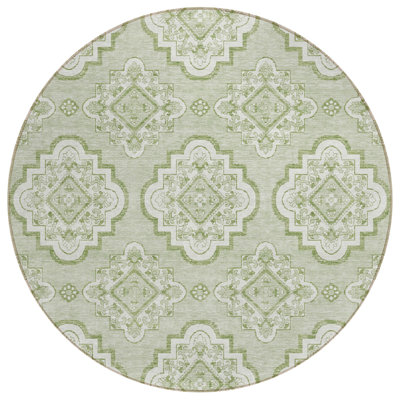 8' Artichoke Green And Ivory Round Medallion Washable Indoor Outdoor Area Rug