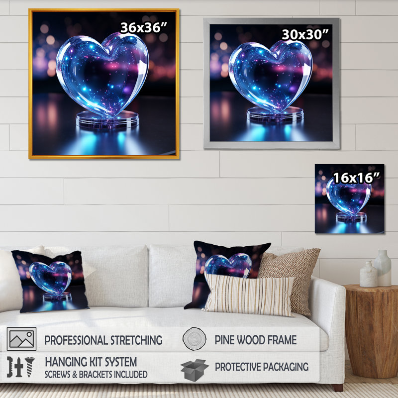 Bleu néon transparent en forme de cœur - formes abstraites, art mural, salon, Toile tendue, H 30 po x l 30 po x P 1 po
