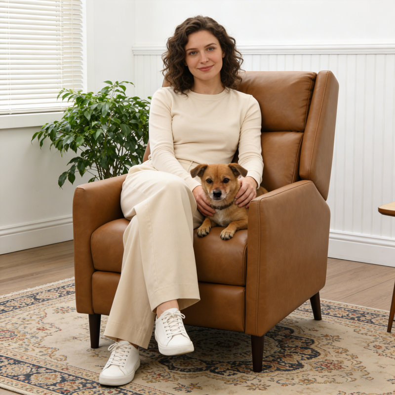Fernando High Back Push-Back Manual Recliner, Brown Faux Leather