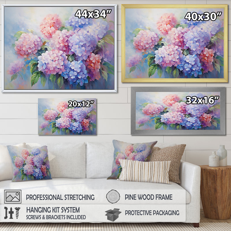 Impression romantique d'hortensia mauve rose, H 34 po x l 44 po x P 1,5 po, Cadre doré simple