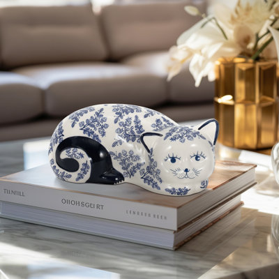Decorative Chinoiserie Cat Sculpture Figurine for Home Decor - Modern Animal Ceramic Object for Decorations, Office, Table, or Living Room Statue