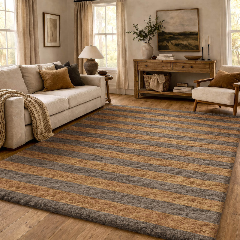 Tapis à rayures de qualité supérieure lavable à la machine Dream Shag ADS530, Fudge, 8' x 10'