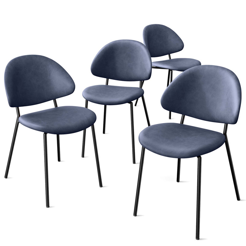 Ensemble de 4 chaises rembourrées en cuir de polyuréthane de style Mid-Century avec dossier incurvé pour la cuisine de la salle à manger (bleu)