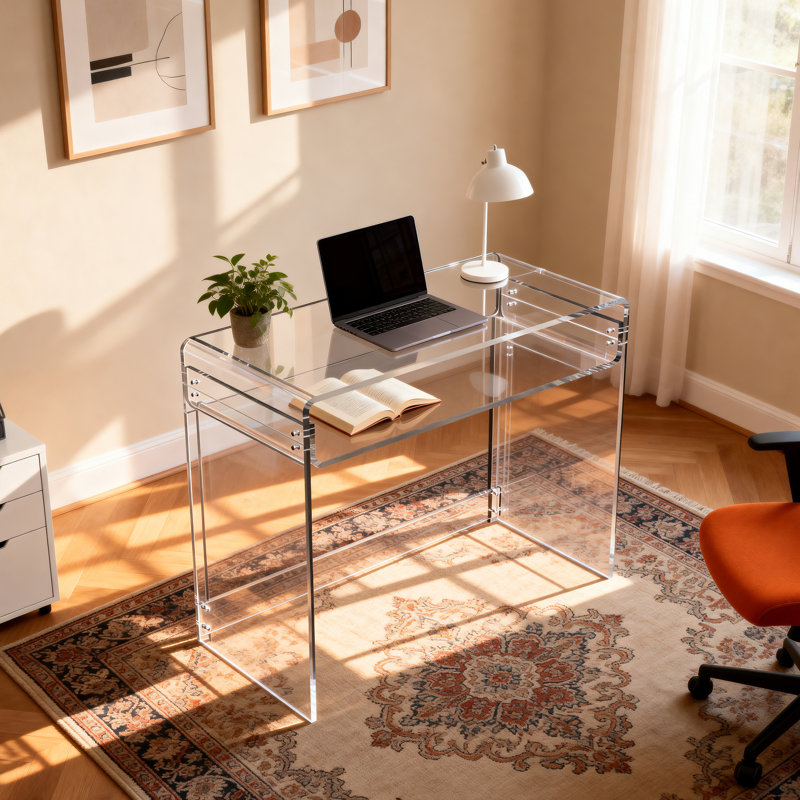  Diane 33.5'' W Rectangle Writing Desk, Modern Rectangle Acrylic Side Desk, 2 Tiers Clear End Table with Storage Shelf, Clear