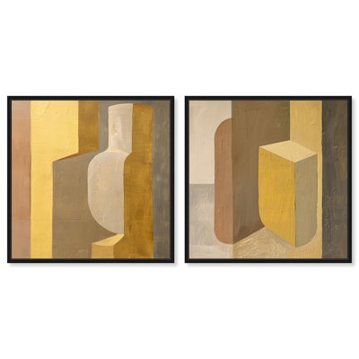 Columnar Forms Diptych Canvas Print Beige Wall Decor Set by Art Remedy, Black Frame, 20 x 20