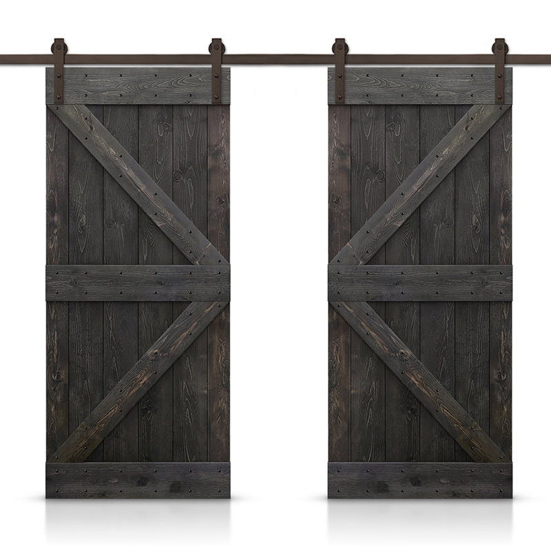 Porte de grange double à panneaux en bois teinté K Series avec ensemble de quincaillerie coulissante, Noir anthracite