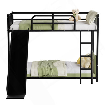 Bunk Bed With Ladder And Slide, Metal Bed Frame With Safety Guard Rails, Black