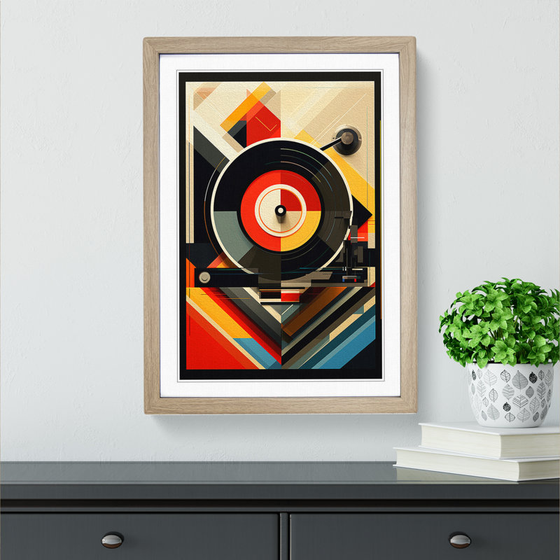 Record Player Geometric - Single Picture Frame Print on Wood, Oak , 46cm H x 34cm W x 2cm D