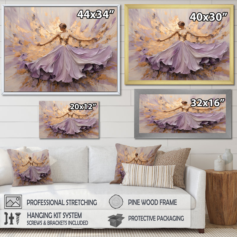 Minimalisme, ballerine mauve dorée - ballet, art mural, H 24 po x l 32 po x P 1 po, Toile tendue
