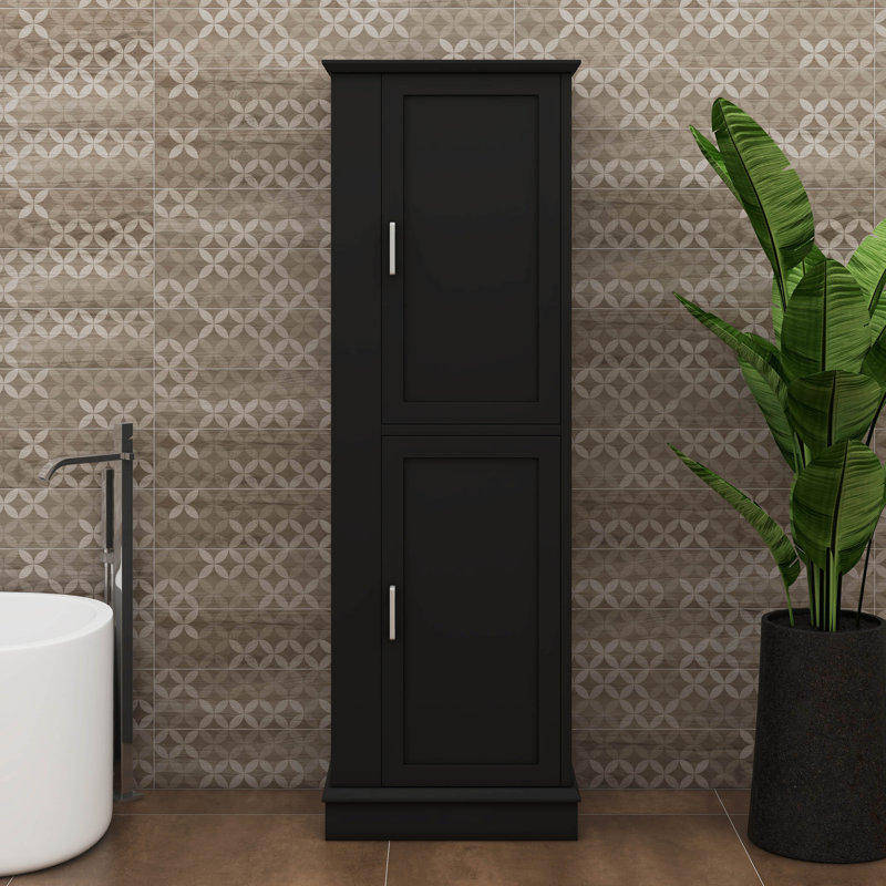 Tall And Spacious Bathroom Floor Stand Alone Storage Cabinet With Hooks And Adjustable Shelf, Black
