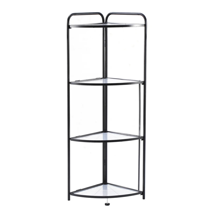 Étagère de coin pliable à 4 niveaux J & v Textiles, support de plante d'angle en métal avec cadre noir et tablettes transparentes, support de présentation en coin