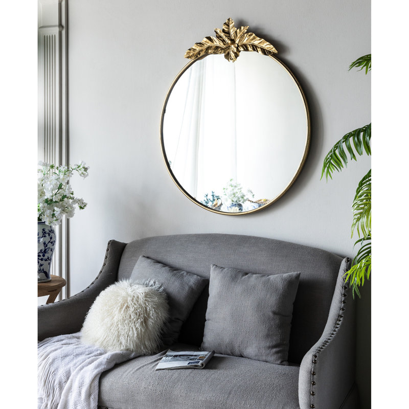 Miroir mural rond de 36 po x 41 po avec ornement en métal doré, grand miroir de décoration de salon, vestibule convenant