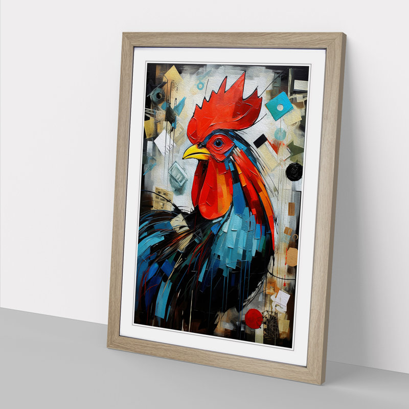 Rooster Dadaism No.3 - Single Picture Frame Print on Wood, 34cm H x 25cm W x 2cm D, Oak