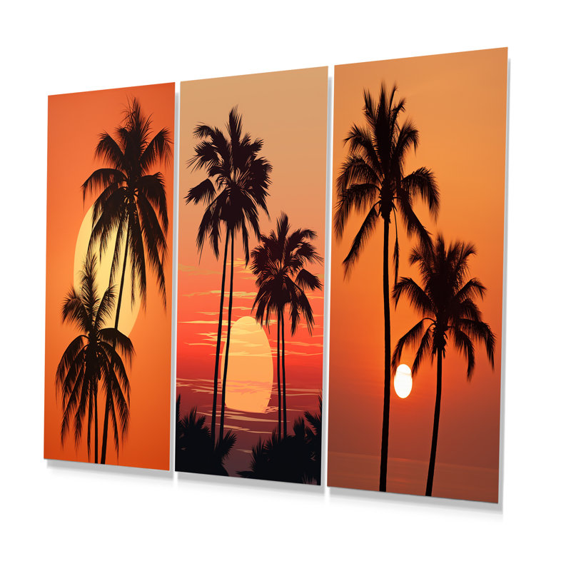 Tangerine Twilight Palm Tree Sunset - Palms & Palm Trees Metal Wall Art Living Room Set Of 3, H 28 po x l 36 po