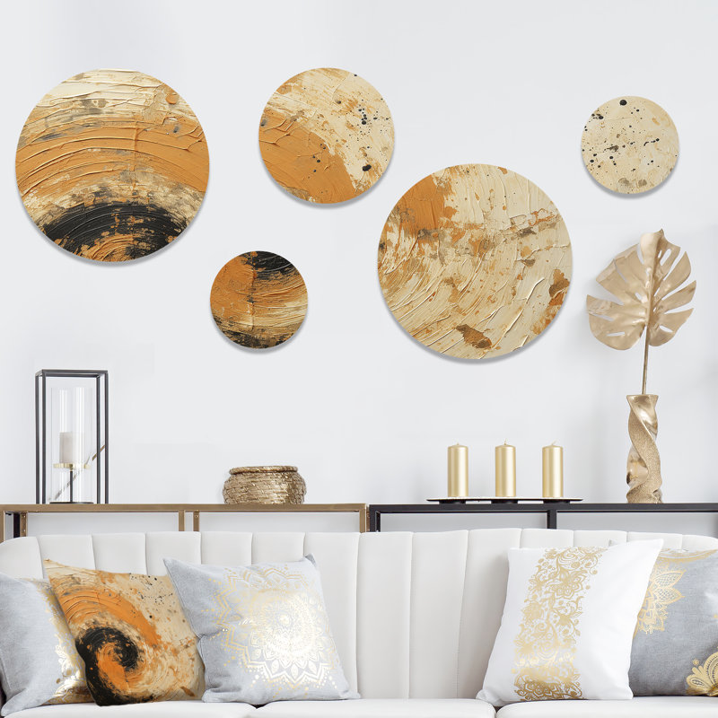 Radiant Revolve, spirale orange moderne - ensemble d'art mural rond en spirales abstraites de 5