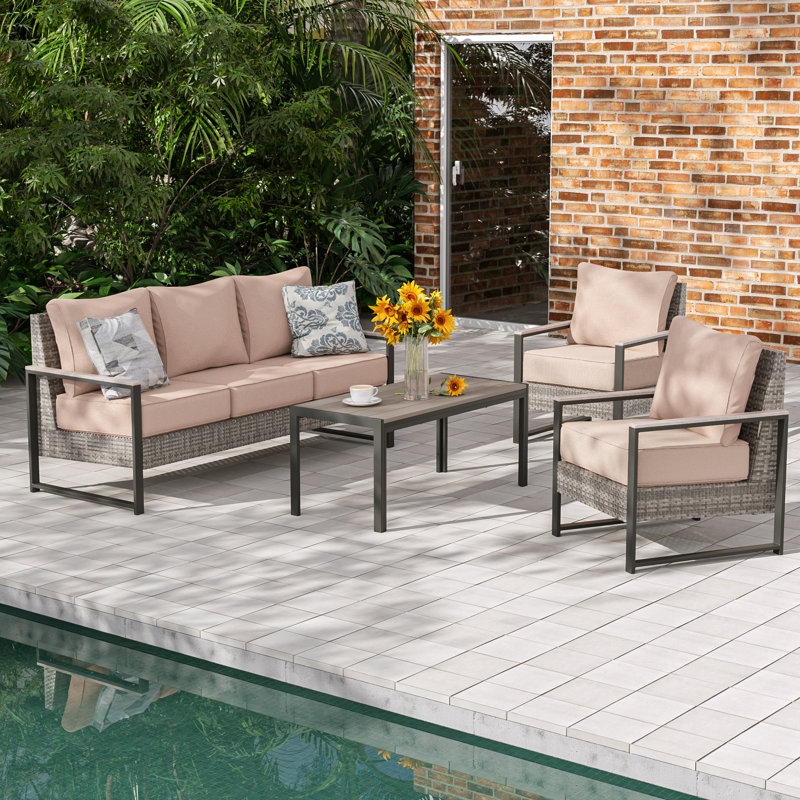Ensemble de canapé de patio 4 pièces avec causeuse et repose-pieds, Sable