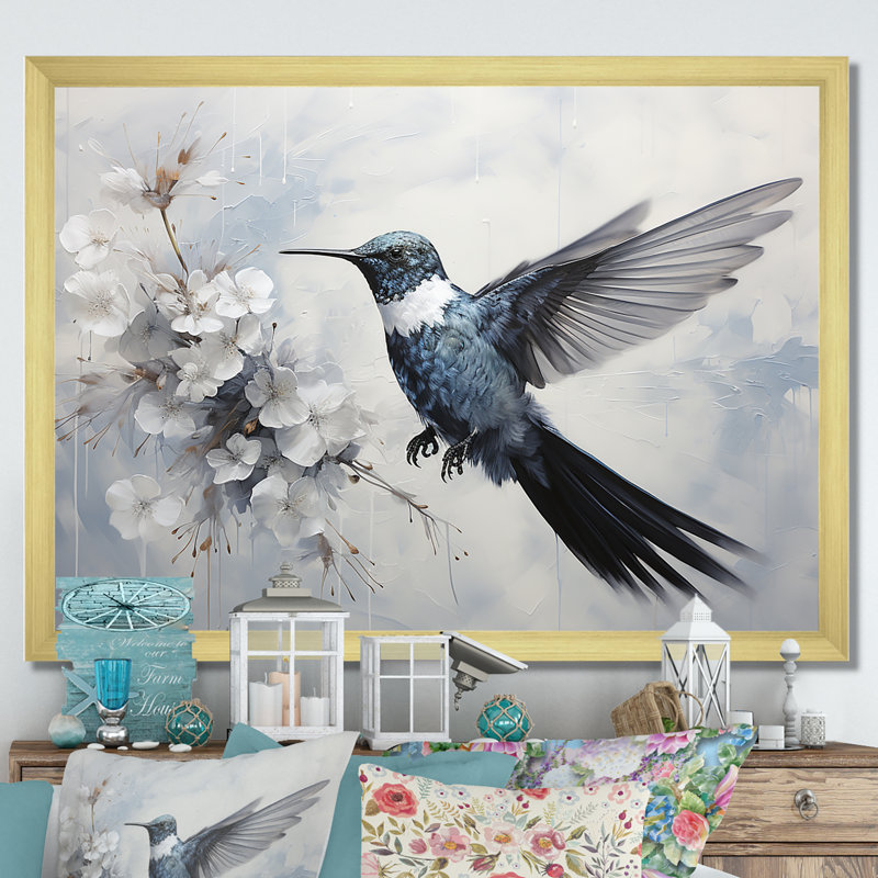 Colibri harmonie florale I sur toile, H 16 po x l 32 po x P 1 po, Cadre doré simple